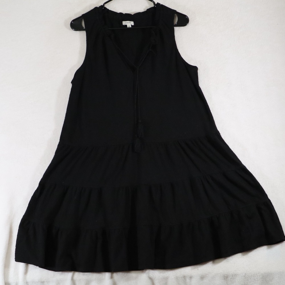 Max Studio Women's Size M Black Tiered Ruffle Dress Sleeveless Tassel Tie V-Neck